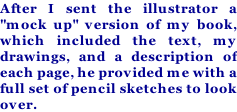After I sent the illustrator a "mock up" version of my book, which included the text, my drawings, and a description of each page, he provided me with a full set of pencil sketches to look over.